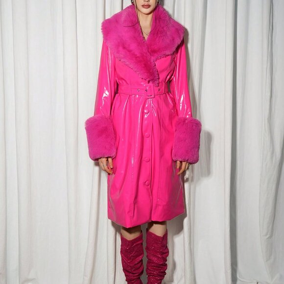 Hot Pink Sexy Women's Faux Fur Collar Jacket - Picture 7 of 7